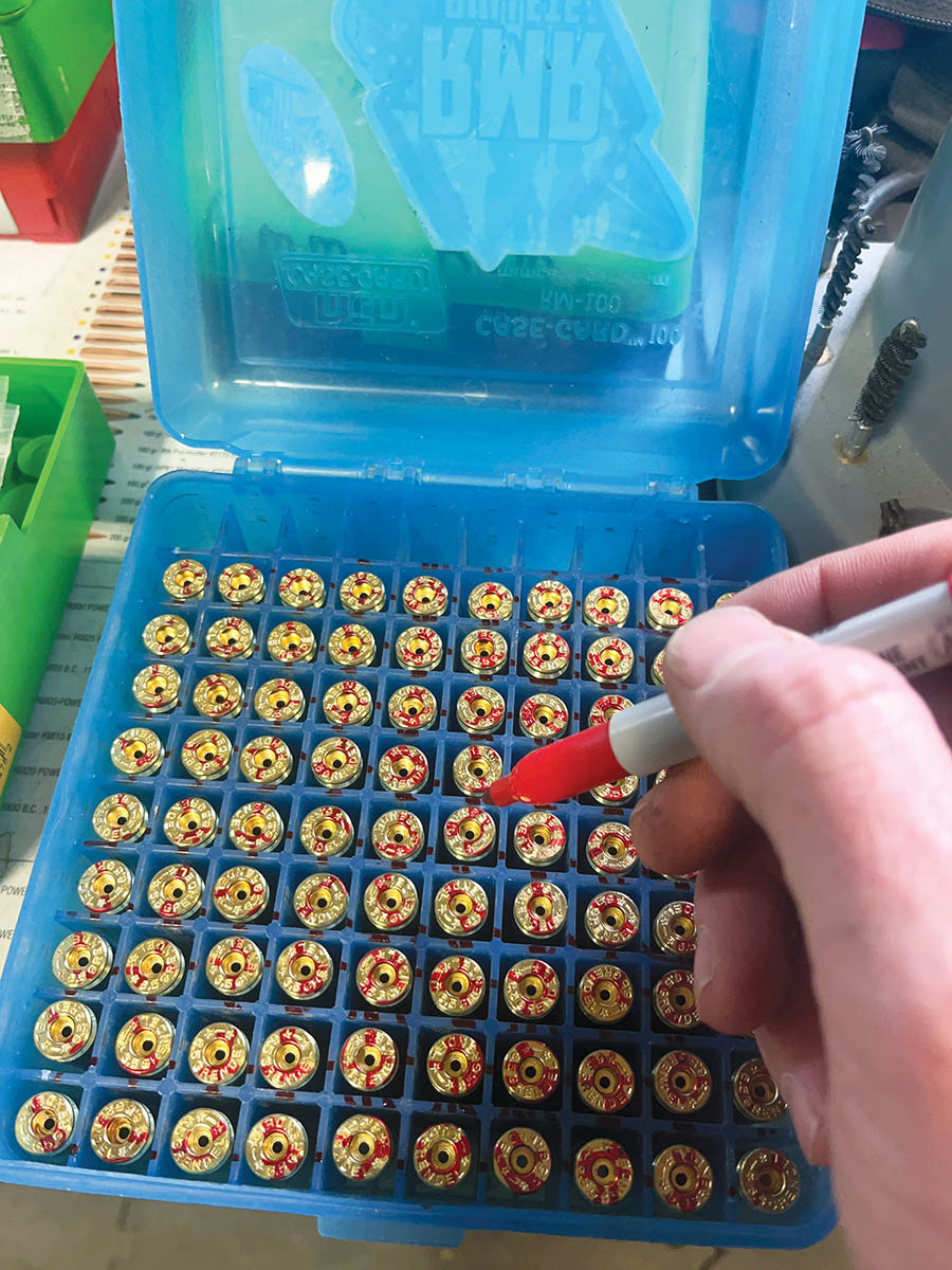 Patrick owns a 6.5 Grendel AR-15 and was  making 28 York cases from 6.5 Grendel brass.  To avoid any confusion, he marked all 28 York case heads with a red permanent marker to identify them at a glance.